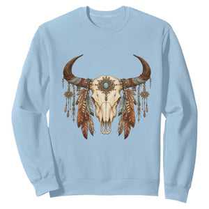 Vintage Southwestern Cow Skull Sweatshirt Boho Feather Western Graphic TS12 Light Blue Print Your Wear