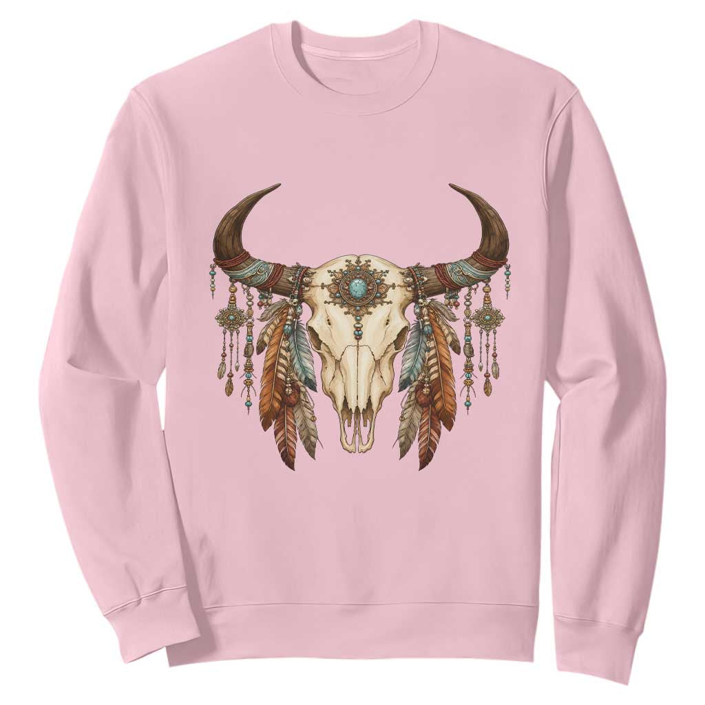 Vintage Southwestern Cow Skull Sweatshirt Boho Feather Western Graphic TS12 Light Pink Print Your Wear
