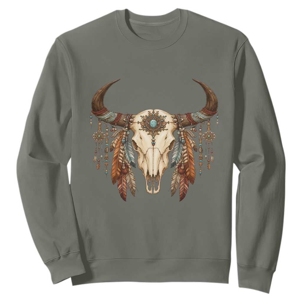 Vintage Southwestern Cow Skull Sweatshirt Boho Feather Western Graphic TS12 Military Green Print Your Wear