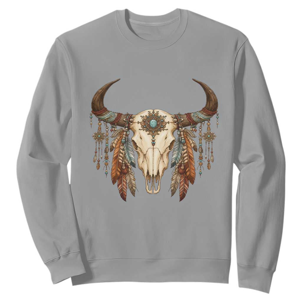 Vintage Southwestern Cow Skull Sweatshirt Boho Feather Western Graphic TS12 Sport Gray Print Your Wear