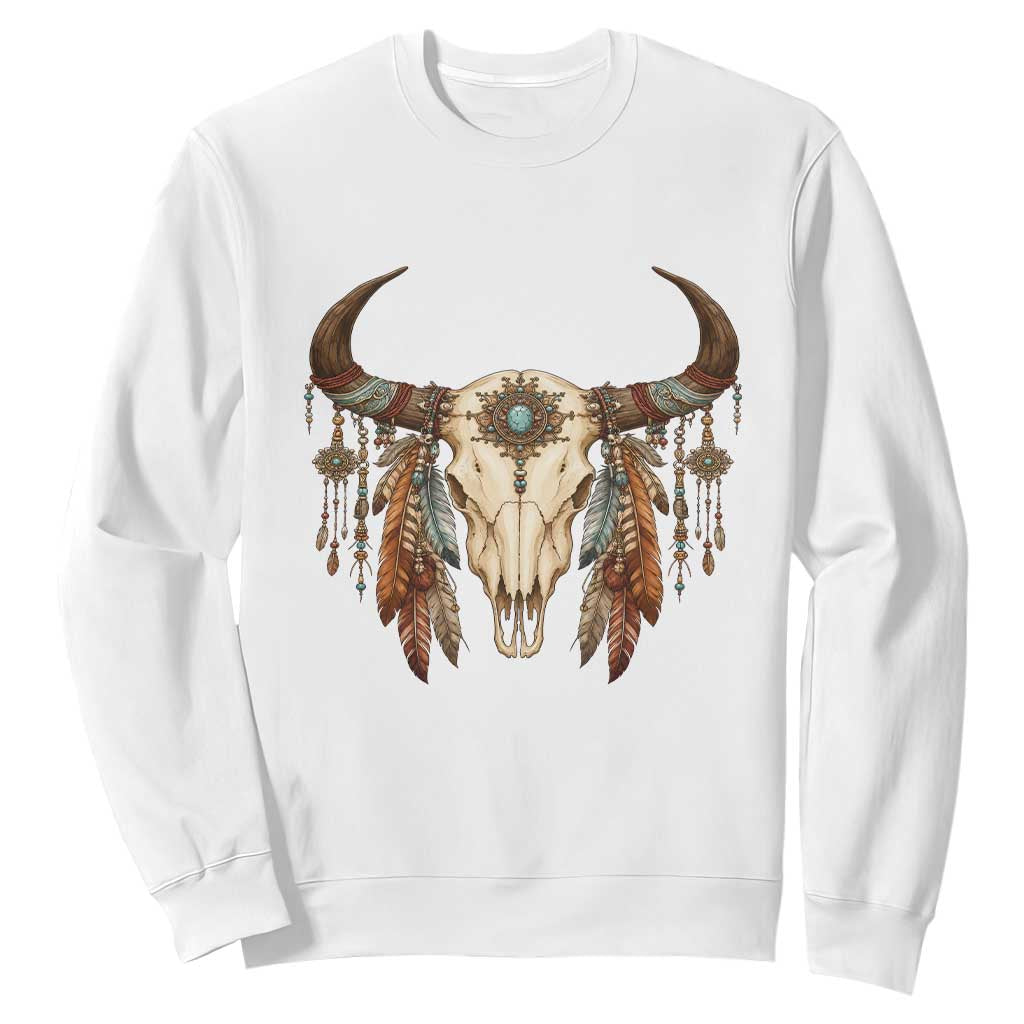 Vintage Southwestern Cow Skull Sweatshirt Boho Feather Western Graphic TS12 White Print Your Wear