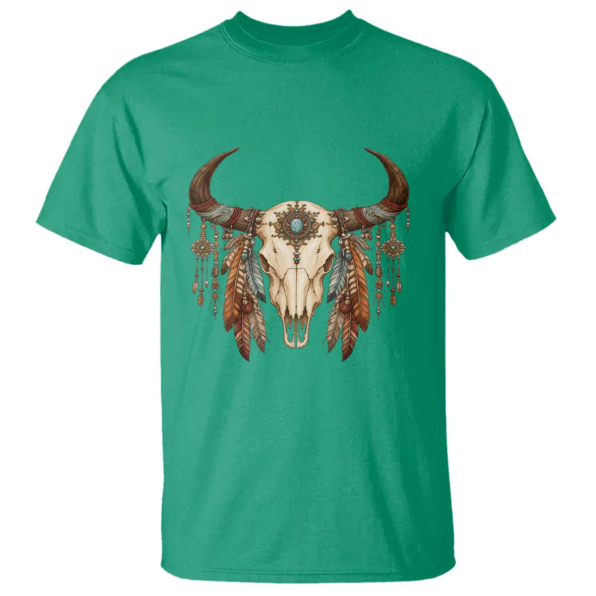 Vintage Southwestern Cow Skull T Shirt Boho Feather Western Graphic TS12 Irish Green Print Your Wear