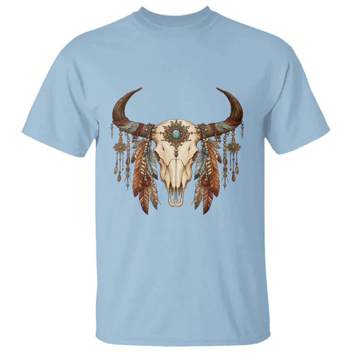 Vintage Southwestern Cow Skull T Shirt Boho Feather Western Graphic TS12 Light Blue Print Your Wear