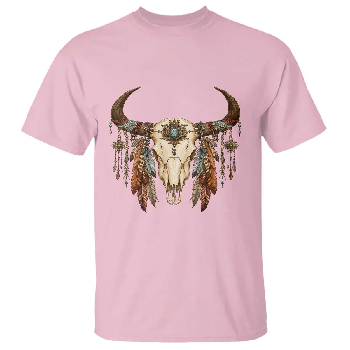 Vintage Southwestern Cow Skull T Shirt Boho Feather Western Graphic TS12 Light Pink Print Your Wear