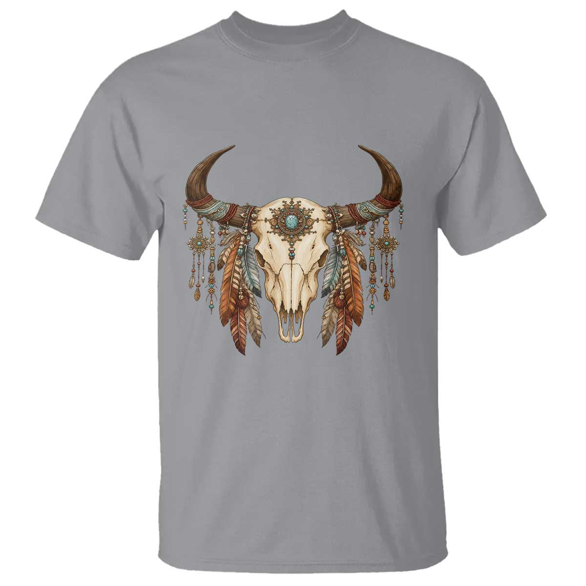 Vintage Southwestern Cow Skull T Shirt Boho Feather Western Graphic TS12 Sport Gray Print Your Wear