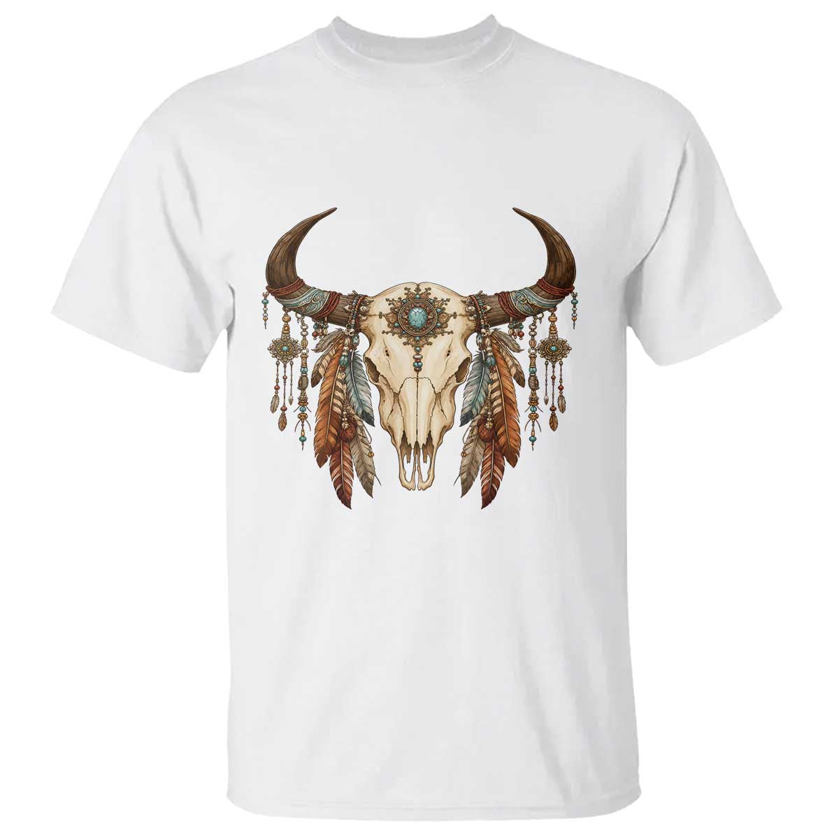 Vintage Southwestern Cow Skull T Shirt Boho Feather Western Graphic TS12 White Print Your Wear