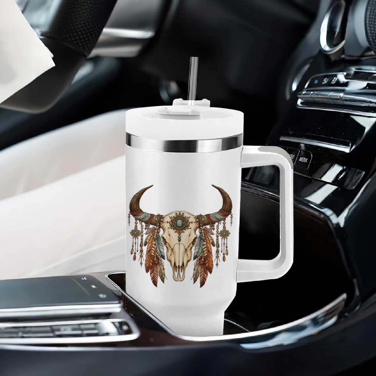 Vintage Southwestern Cow Skull Tumbler With Handle Boho Feather Western Graphic TS12 Print Your Wear