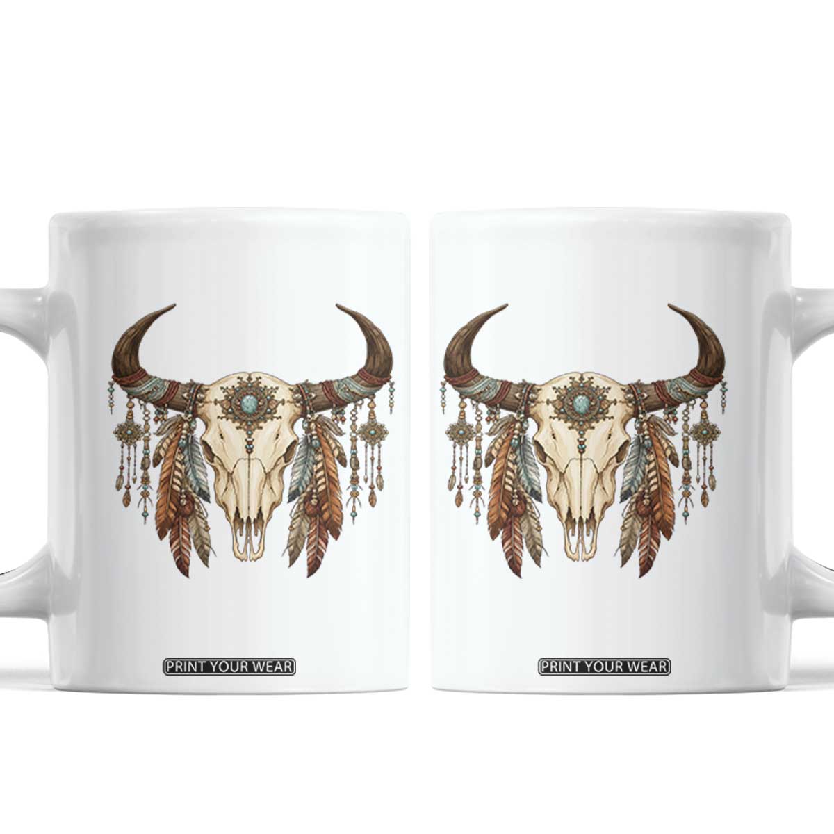 Vintage Southwestern Cow Skull Coffee Mug Boho Feather Western Graphic TS12 White Print Your Wear