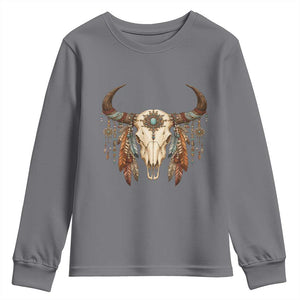 Vintage Southwestern Cow Skull Youth Sweatshirt Boho Feather Western Graphic TS12 Charcoal Print Your Wear