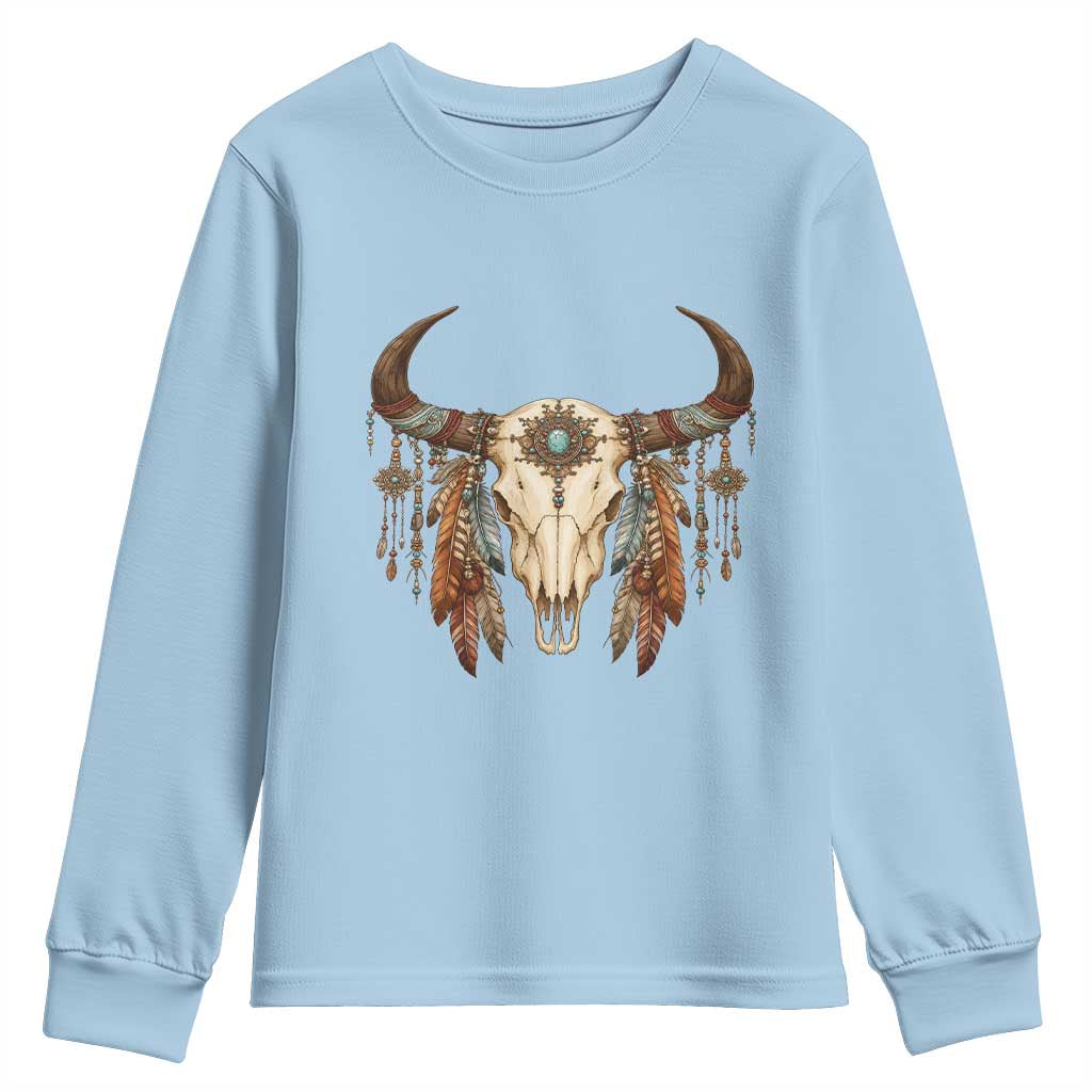 Vintage Southwestern Cow Skull Youth Sweatshirt Boho Feather Western Graphic TS12 Light Blue Print Your Wear