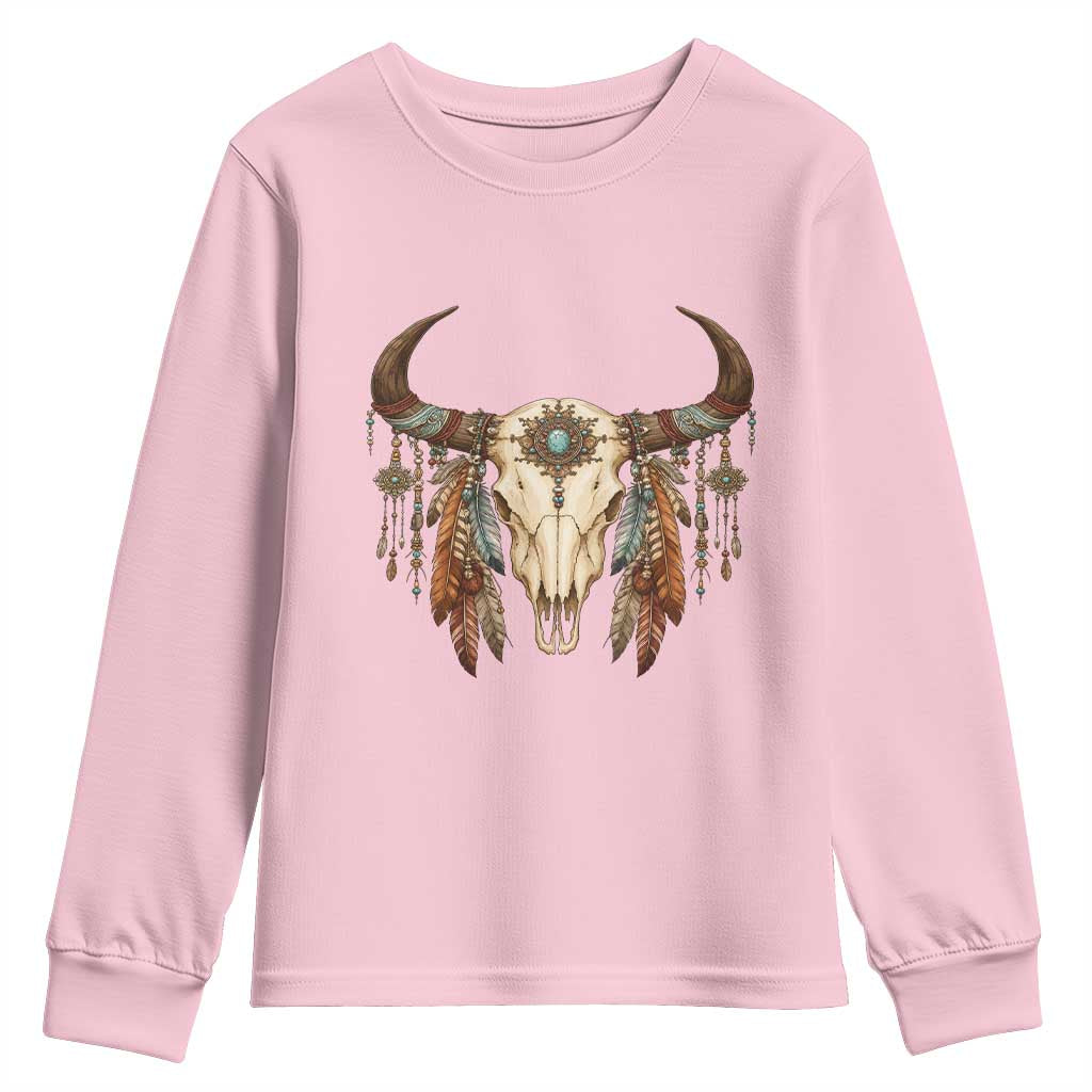 Vintage Southwestern Cow Skull Youth Sweatshirt Boho Feather Western Graphic TS12 Light Pink Print Your Wear