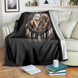Vintage Native American Woman With White Wolf Graphic Throw Blanket TS12 Print Your Wear