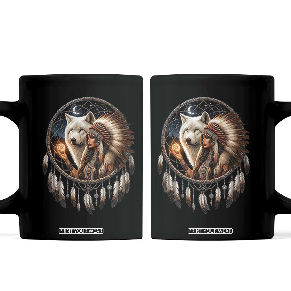 Vintage Native American Woman With White Wolf Graphic Coffee Mug TS12 Black Print Your Wear