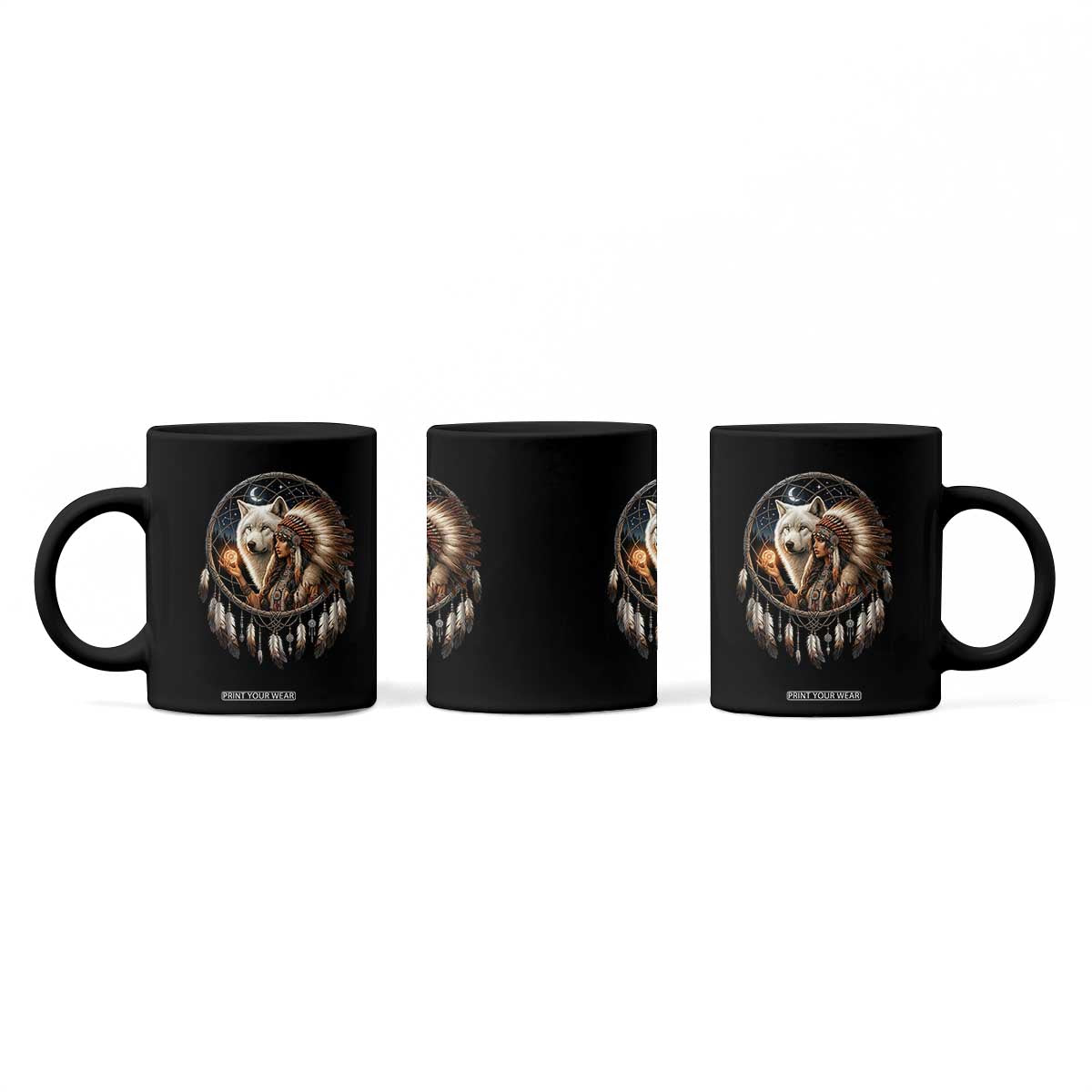 Vintage Native American Woman With White Wolf Graphic Coffee Mug TS12 Print Your Wear
