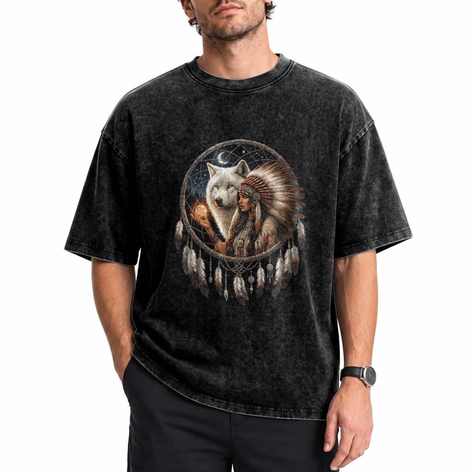 Vintage Native American Woman With White Wolf Graphic Washed Cotton T-Shirt