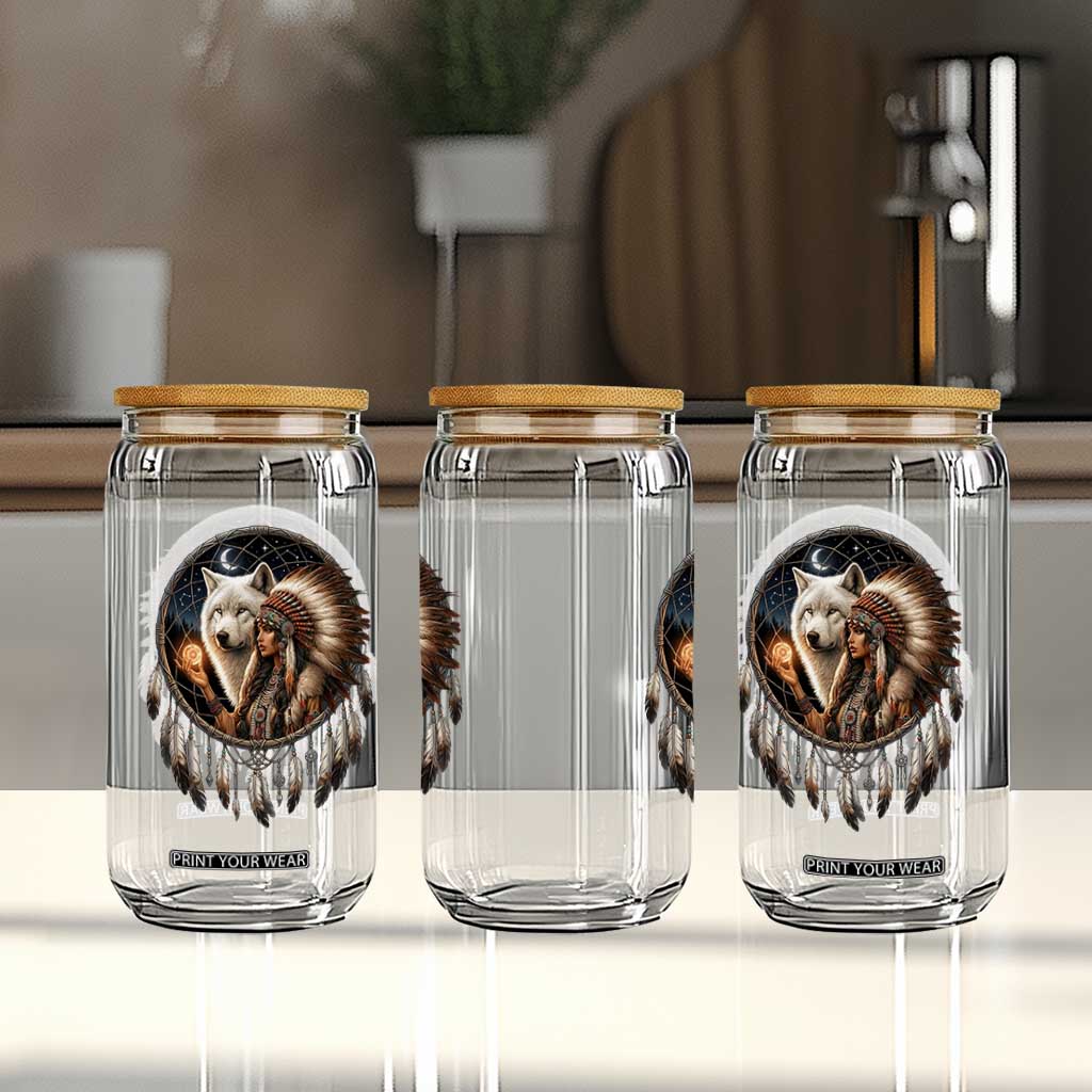 Vintage Native American Woman With White Wolf Graphic Glass Can TS12 Print Your Wear