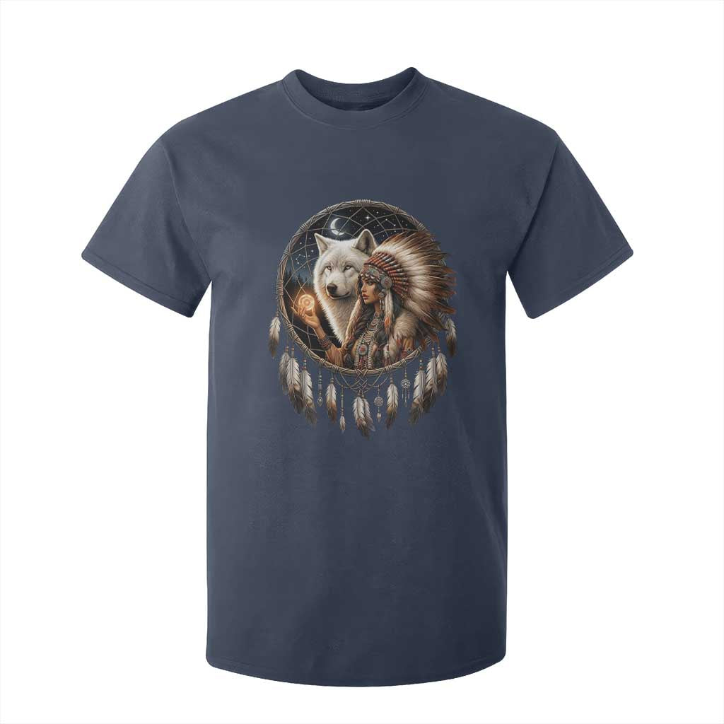 Vintage Native American Woman With White Wolf Graphic T Shirt For Kid TS12 Navy Print Your Wear