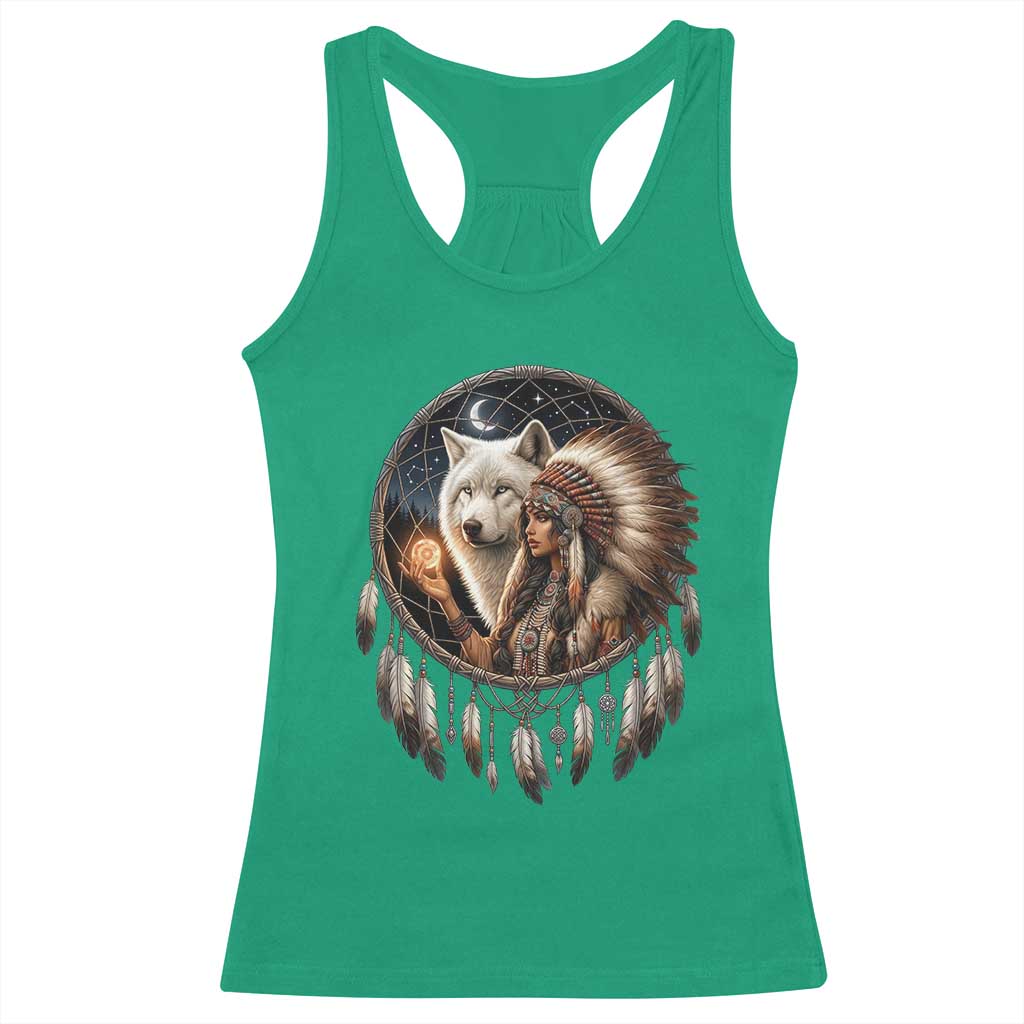 Vintage Native American Woman With White Wolf Graphic Racerback Tank Top TS12 Irish Green Print Your Wear