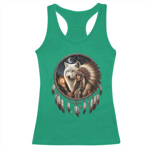 Vintage Native American Woman With White Wolf Graphic Racerback Tank Top TS12 Irish Green Print Your Wear