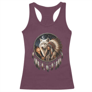 Vintage Native American Woman With White Wolf Graphic Racerback Tank Top TS12 Maroon Print Your Wear