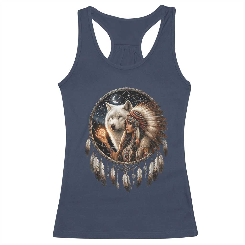 Vintage Native American Woman With White Wolf Graphic Racerback Tank Top TS12 Navy Print Your Wear