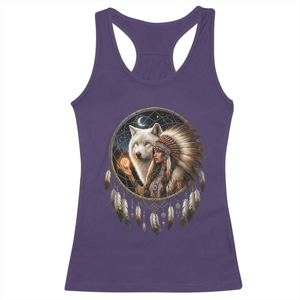 Vintage Native American Woman With White Wolf Graphic Racerback Tank Top TS12 Purple Print Your Wear