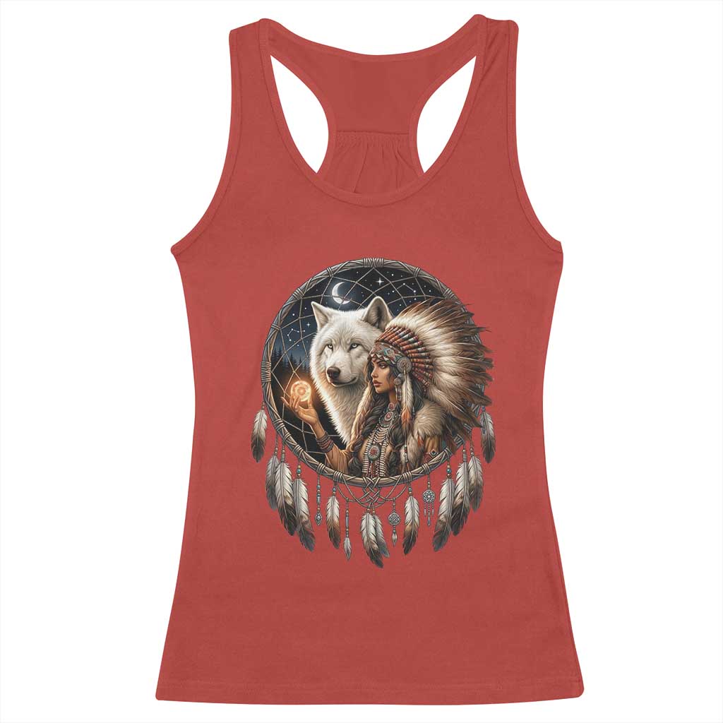 Vintage Native American Woman With White Wolf Graphic Racerback Tank Top TS12 Red Print Your Wear