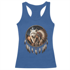 Vintage Native American Woman With White Wolf Graphic Racerback Tank Top TS12 Royal Blue Print Your Wear