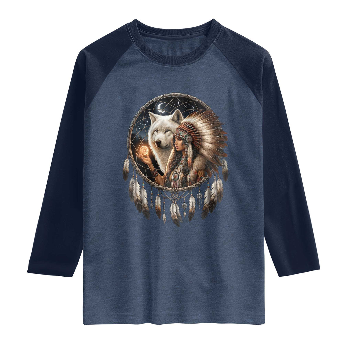 Vintage Native American Woman With White Wolf Graphic Raglan Shirt TS12 Heather Denim Navy Print Your Wear