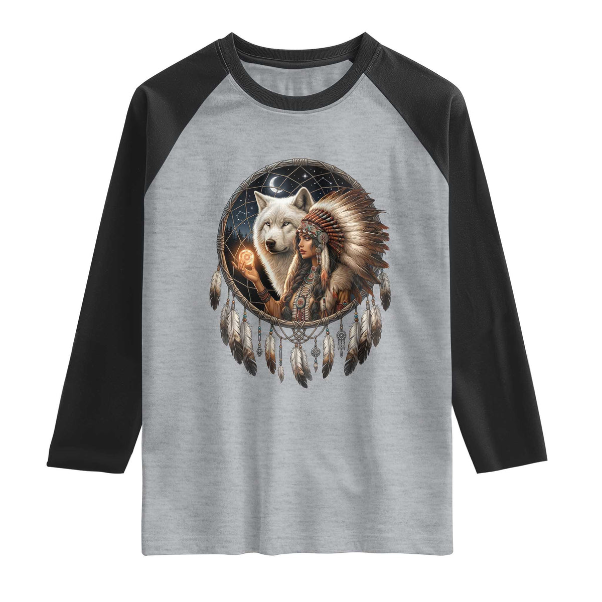 Vintage Native American Woman With White Wolf Graphic Raglan Shirt TS12 Heather Gray Black Print Your Wear