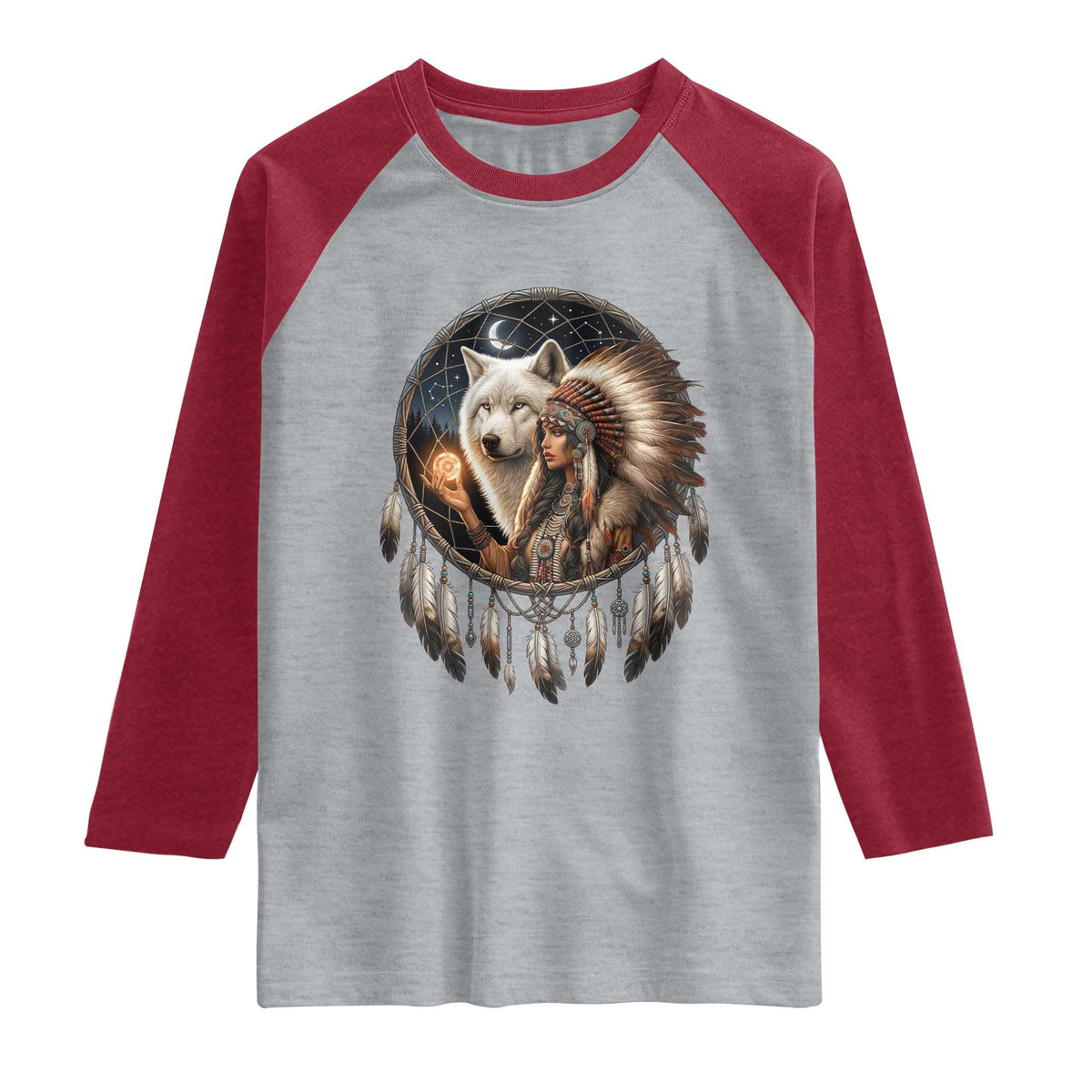 Vintage Native American Woman With White Wolf Graphic Raglan Shirt TS12 Heather Gray Heather Red Print Your Wear