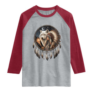 Vintage Native American Woman With White Wolf Graphic Raglan Shirt TS12 Heather Gray Heather Red Print Your Wear