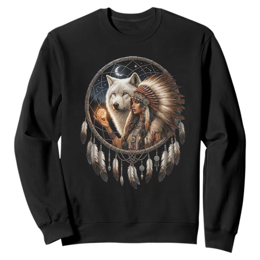 Vintage Native American Woman With White Wolf Graphic Sweatshirt TS12 Black Print Your Wear