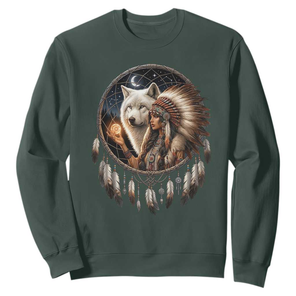 Vintage Native American Woman With White Wolf Graphic Sweatshirt TS12 Dark Forest Green Print Your Wear