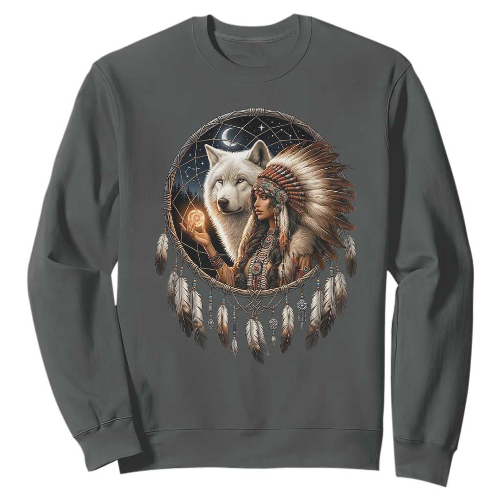 Vintage Native American Woman With White Wolf Graphic Sweatshirt TS12 Dark Heather Print Your Wear