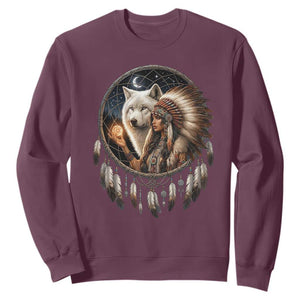 Vintage Native American Woman With White Wolf Graphic Sweatshirt TS12 Maroon Print Your Wear