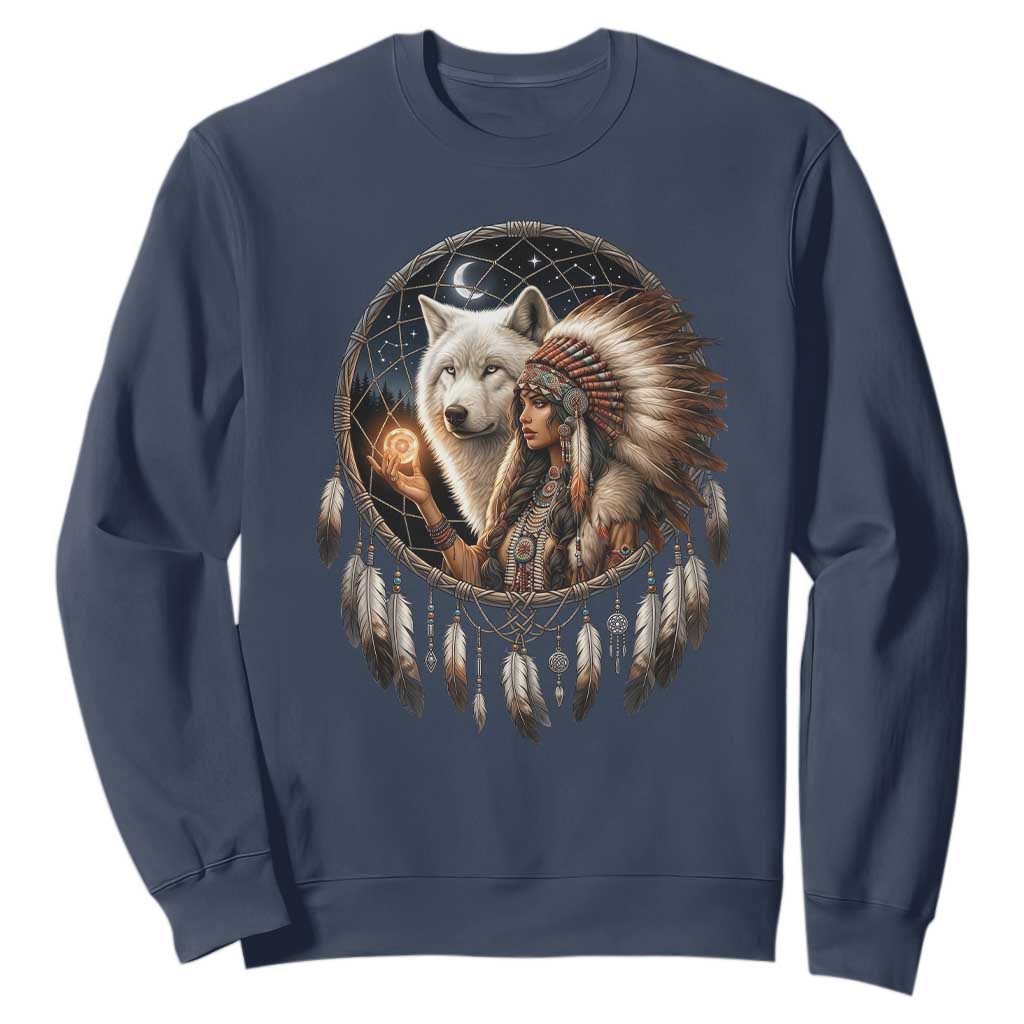 Vintage Native American Woman With White Wolf Graphic Sweatshirt TS12 Navy Print Your Wear