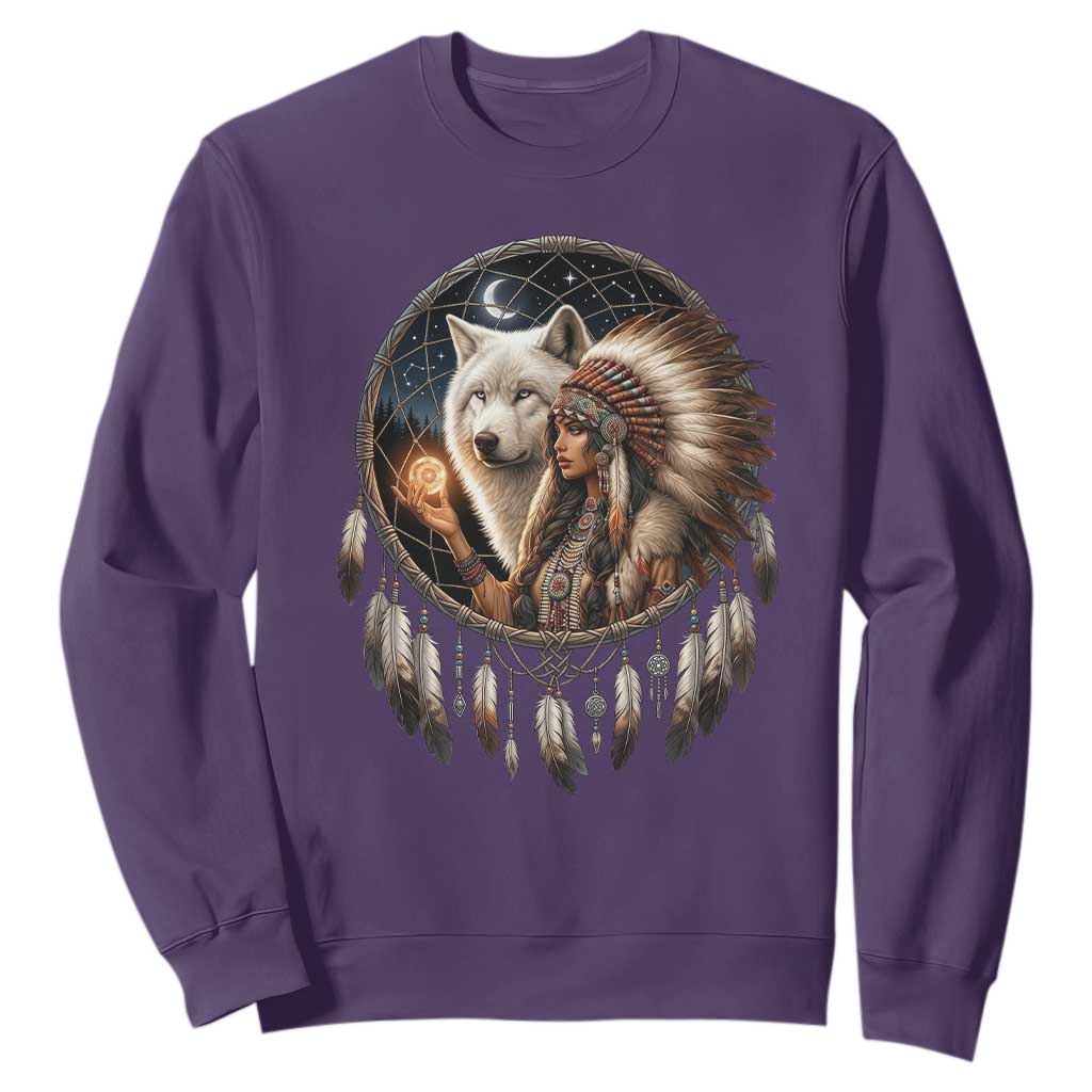 Vintage Native American Woman With White Wolf Graphic Sweatshirt TS12 Purple Print Your Wear