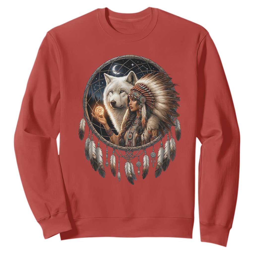 Vintage Native American Woman With White Wolf Graphic Sweatshirt TS12 Red Print Your Wear