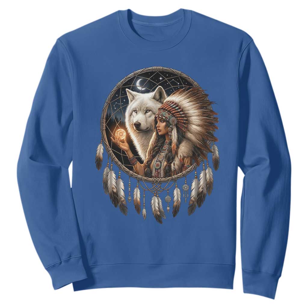 Vintage Native American Woman With White Wolf Graphic Sweatshirt TS12 Royal Blue Print Your Wear