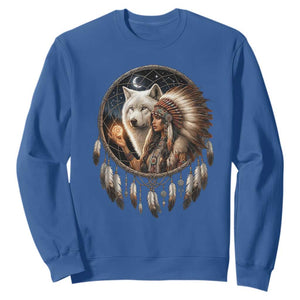 Vintage Native American Woman With White Wolf Graphic Sweatshirt TS12 Royal Blue Print Your Wear