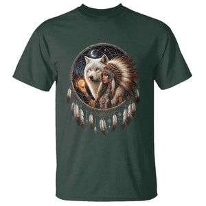 Vintage Native American Woman With White Wolf Graphic T Shirt TS12 Dark Forest Green Print Your Wear