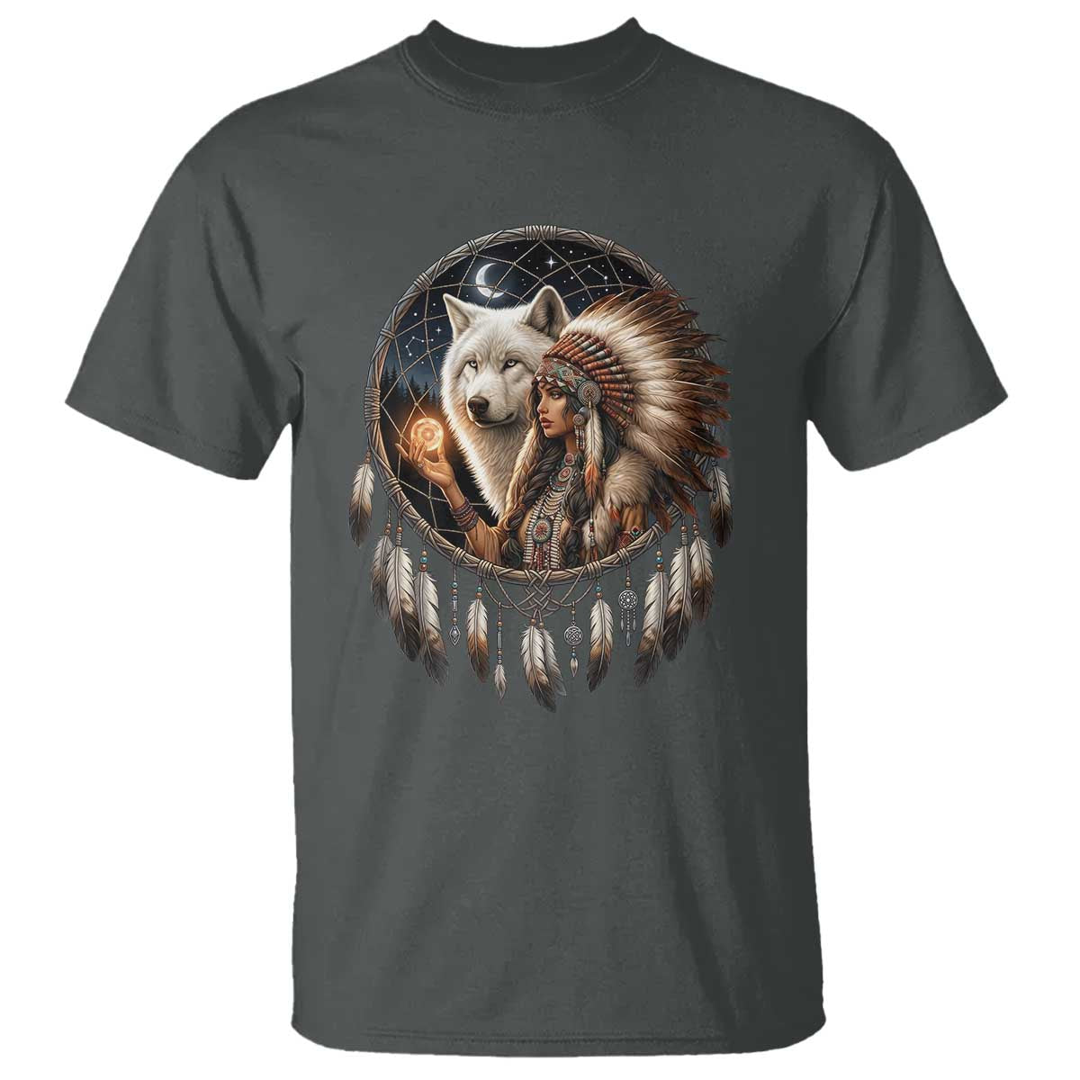 Vintage Native American Woman With White Wolf Graphic T Shirt TS12 Dark Heather Print Your Wear