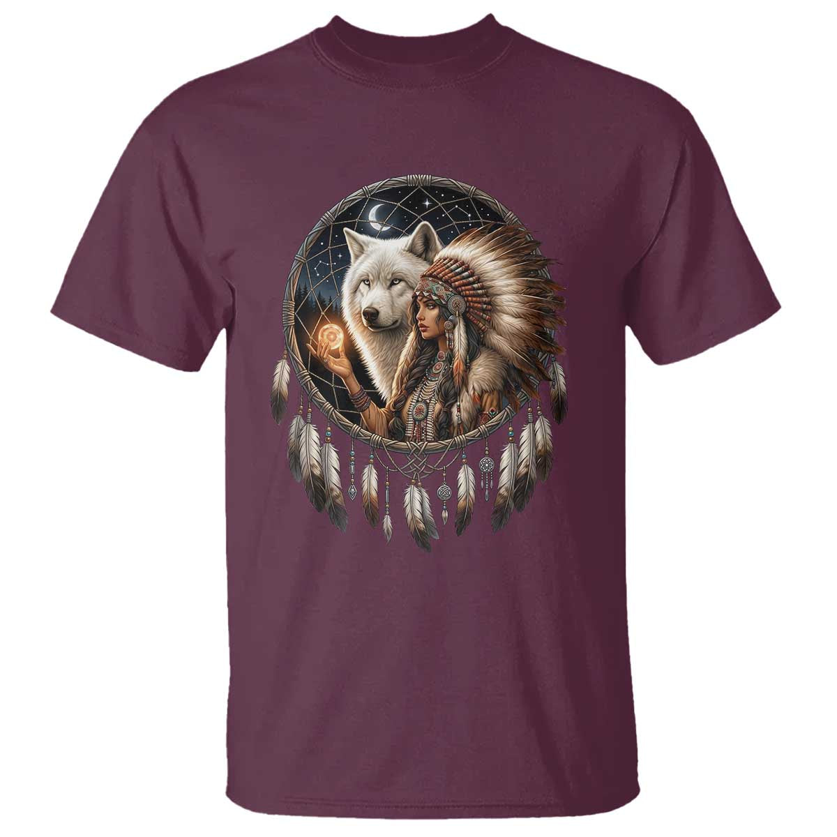 Vintage Native American Woman With White Wolf Graphic T Shirt TS12 Maroon Print Your Wear