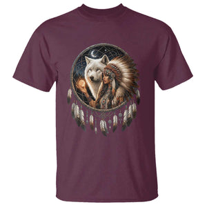 Vintage Native American Woman With White Wolf Graphic T Shirt TS12 Maroon Print Your Wear