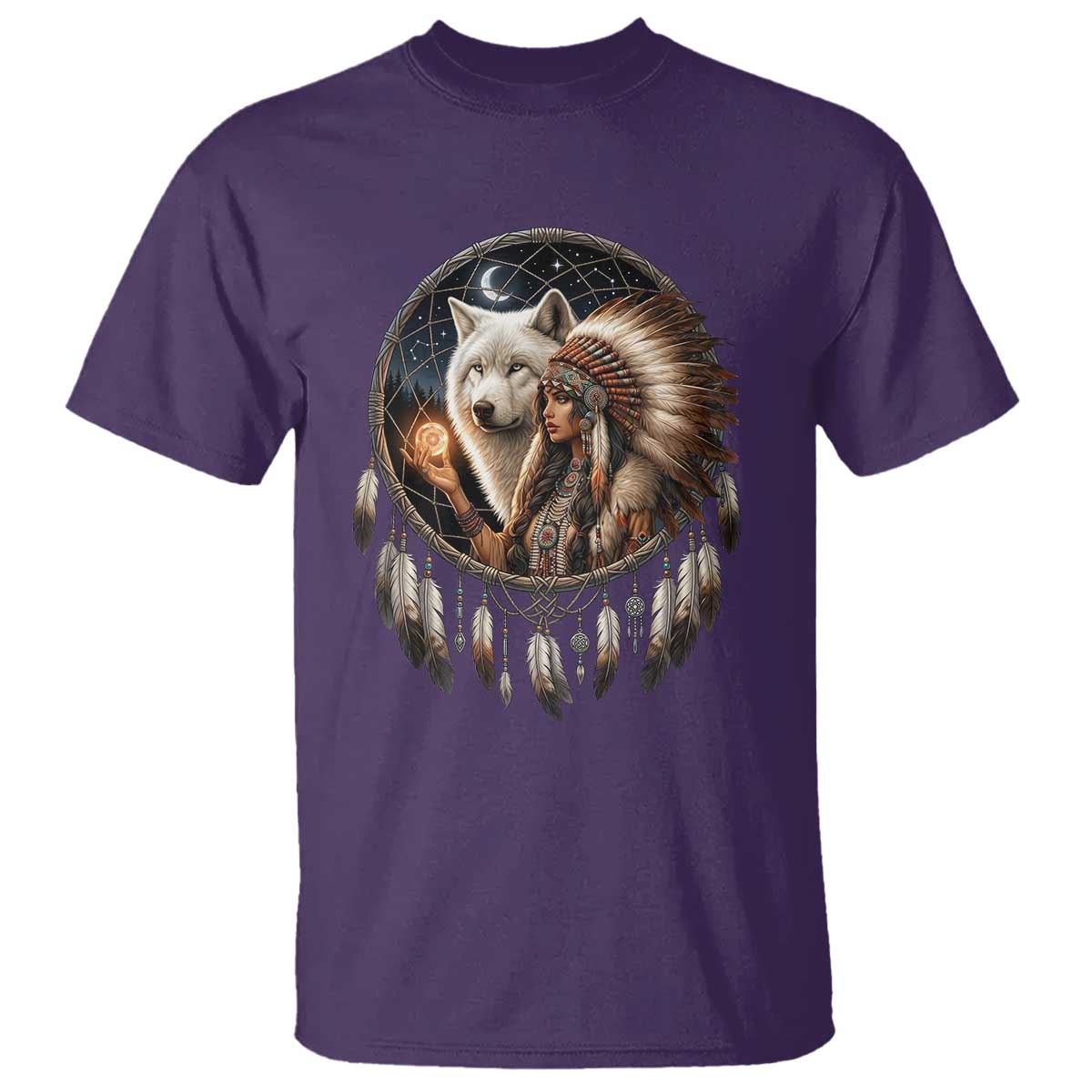 Vintage Native American Woman With White Wolf Graphic T Shirt TS12 Purple Print Your Wear