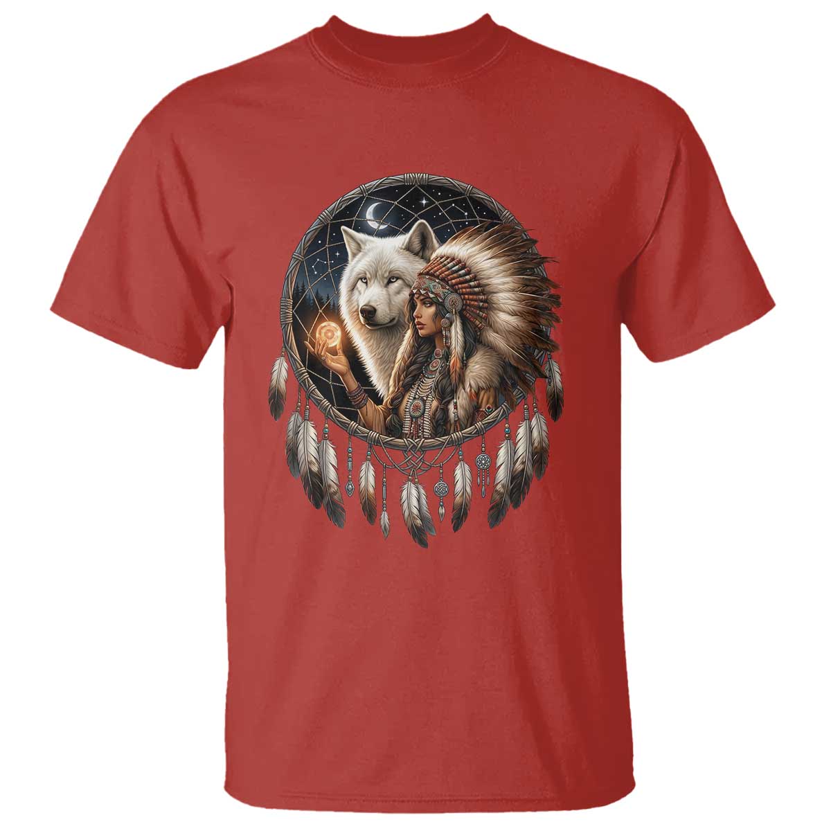 Vintage Native American Woman With White Wolf Graphic T Shirt TS12 Red Print Your Wear
