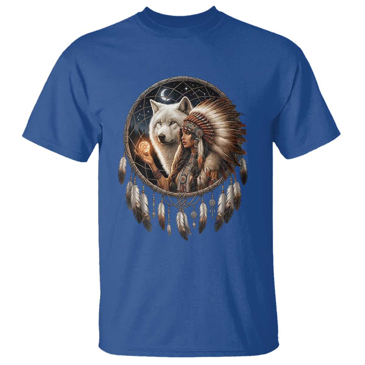 Vintage Native American Woman With White Wolf Graphic T Shirt TS12 Royal Blue Print Your Wear