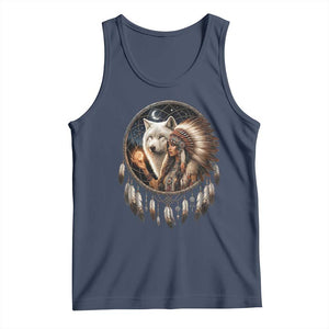 Vintage Native American Woman With White Wolf Graphic Tank Top TS12 Navy Print Your Wear