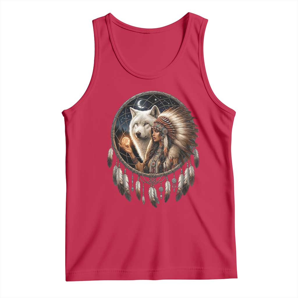 Vintage Native American Woman With White Wolf Graphic Tank Top TS12 Red Print Your Wear